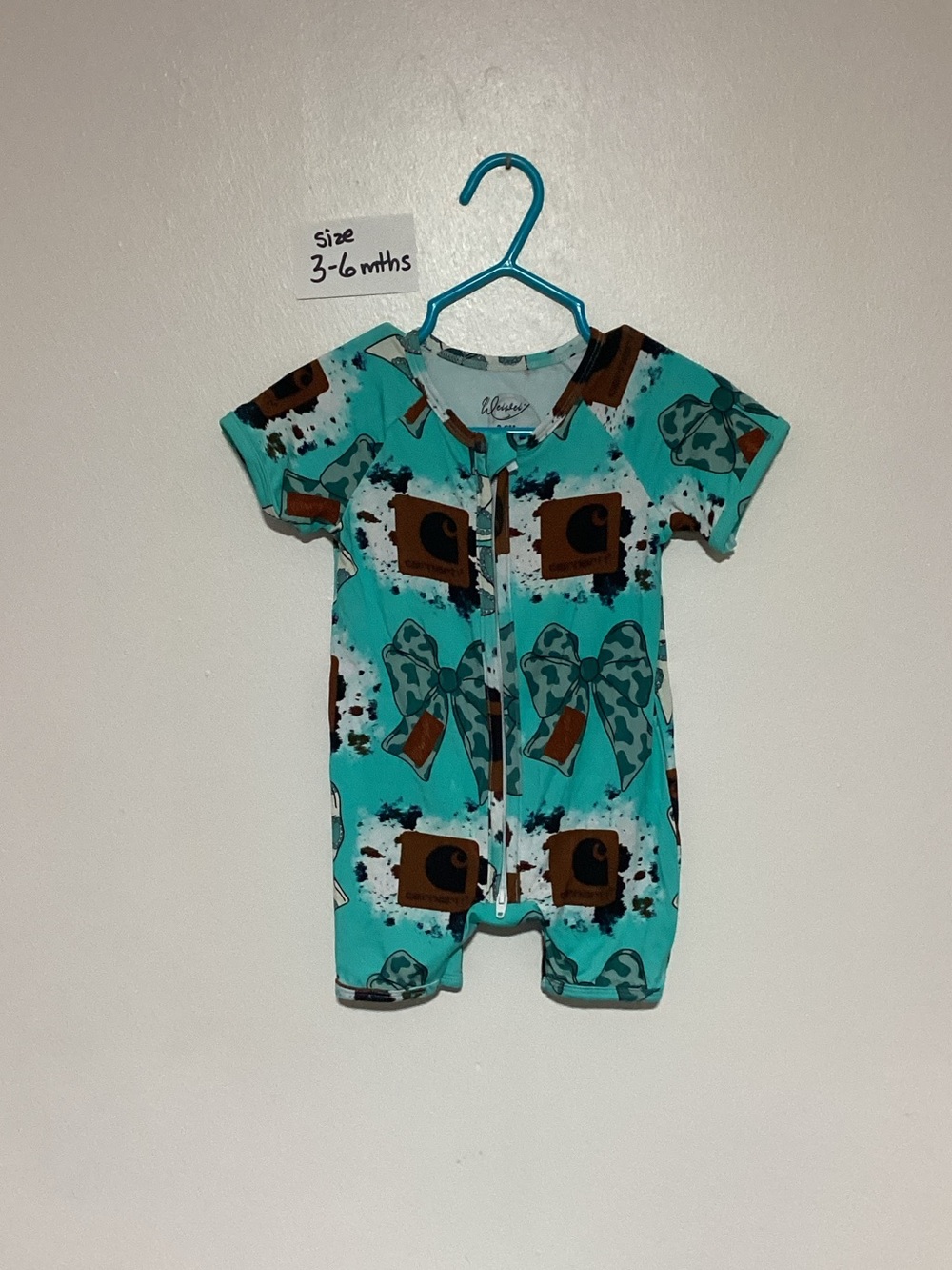 Turquoise Carhartt and Bows print Short-Sleeve Baby One-Piece